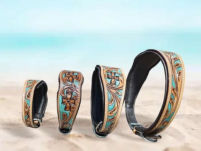 Majestic Ally Leather Dog Collar with Adjustable, Padded Fit for Walking, Hiking, and Running, Designer Western Wear for Puppies, Fancy Colors (Turquoise - Natural, Medium)