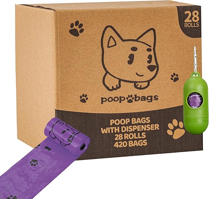 Dog Poop Bags Rolls With Dispenser, Strong and Leak-proof Waste Bags for Pets, Floral Scented, 420 Count (28 Packs of 15), 13 Inch x 9 Inch (Purple)