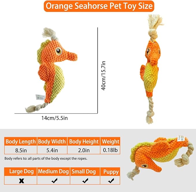 Cute Marine Animal Dog Squeaker Chew Toys, Interactive Stuffed Cotton Plush Rope Knot Toys with Crinkle Paper- for Puppy, Small, Middle Dogs (Orange Seahorse)