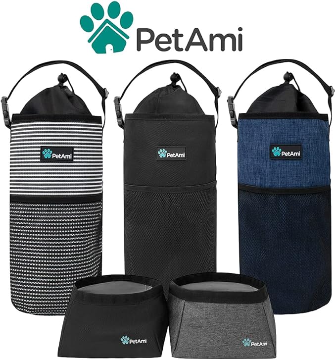 PetAmi Travel Dog Food Bag with 2 Collapsible Bowls Waterproof Dog Kibble Storage & Foldable Food Water Bowls for Dogs & Cats, Hiking & Camping (Black, Grey)