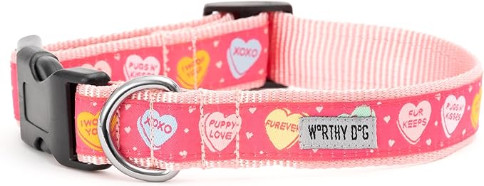 THE WORTHY DOG Adjustable Holiday Dog Collar for Medium Dogs, Durable Nylon Webbing, Quick Release Buckle, Puppy Love Conversation Hearts Valentine's Day Pattern, Pink, Medium