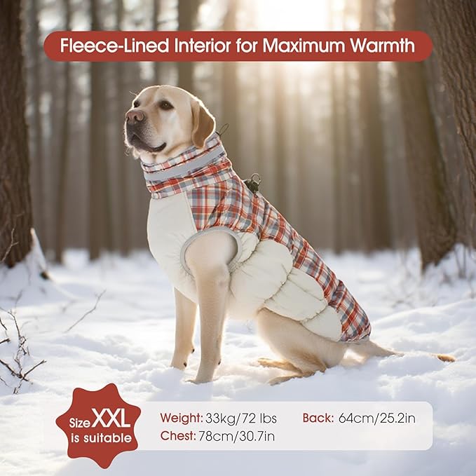 FUAMEY Dog Coat for Medium Dogs,Waterproof Dog Winter Jacket with Harness Built in Puppy Cold Weather Coats Reflective Pet Vest with Zipper Warm Fleece Dogs Snowsuit Windproof Red Plaid M
