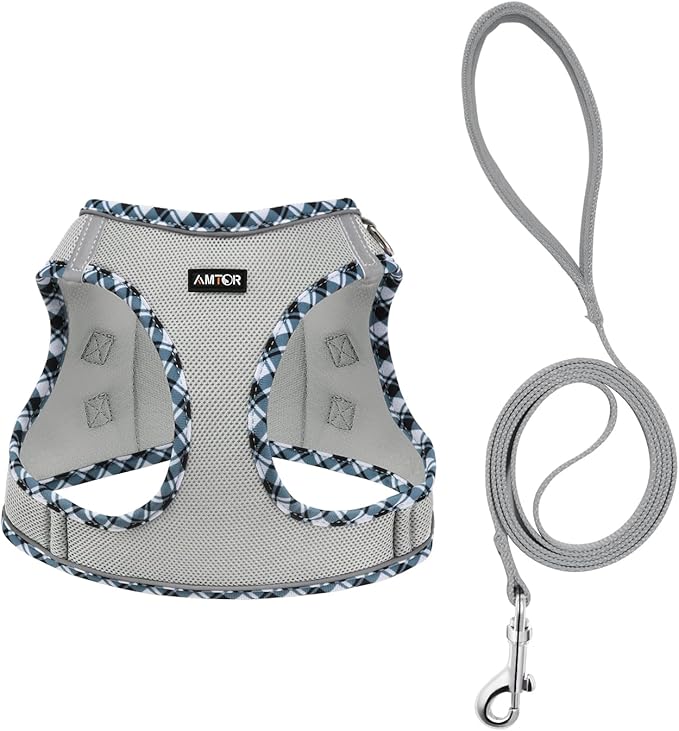 AMTOR Small Dog Harness with Leash Set, No Escape Easy Walk Puppy Harnesses for Training Walking, Step-in Reflective Soft Dogs Vest for XS S Medium Extra-Small Large Sized Dog(L,Grey)