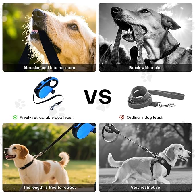 Retractable Dog Leash with Chew Proof Cable,26Ft Heavy Duty Dog Leash for Medium Large Dogs up to 110lbs,360°No Tangle,One-Handed Brake,Pause,Lock(Blue)