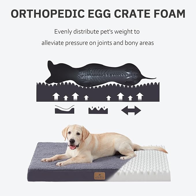 Bedfolks Orthopedic Dog Bed for Jumbo Dogs - Egg Foam Dog Crate Bed with Removable Waterproof Cover, Pet Bed Mat Suitable for Dogs and Pets Up to 120 lbs (48 x 30 x 3.5 inches, Dark Grey)