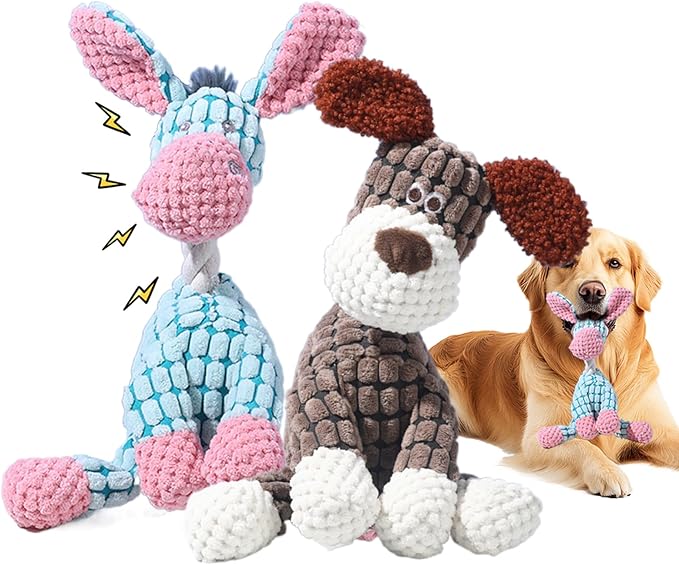 Indestructible Plush Squeaky Dog Toys, 2026 New Durable Heavy Duty Chew Toys for Aggressive Chewers, Teething Toys for Small Medium Large Dogs & Indoor Pups (Brown+Blue)