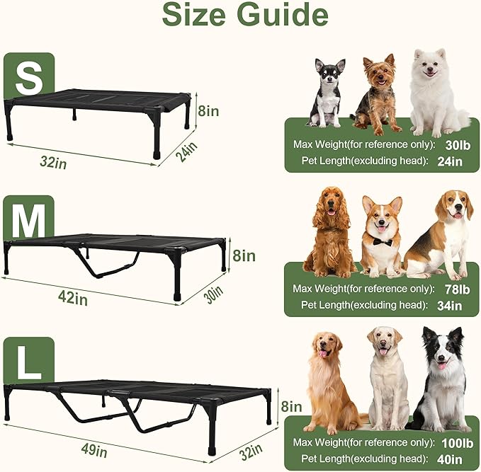 Dog Cooling Bed, Raised Pet Cot for Medium and Large Dogs, Cooling Breathable Mesh, Durable Sturdy Frame, Washable Cover, Portable and Easy to Assemble Indoor/Outdoor Pet Bed, Black, L