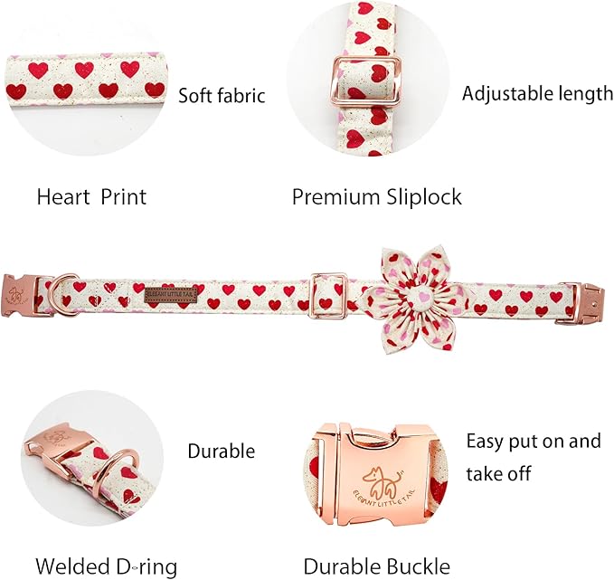 Elegant little tail Valentine's Dog Collar, Heart Dog Collar with Flower Cute Girl or Boy Pet Collars with Flower Puppy Gift Adjustable Pet Collars for Medium Dogs
