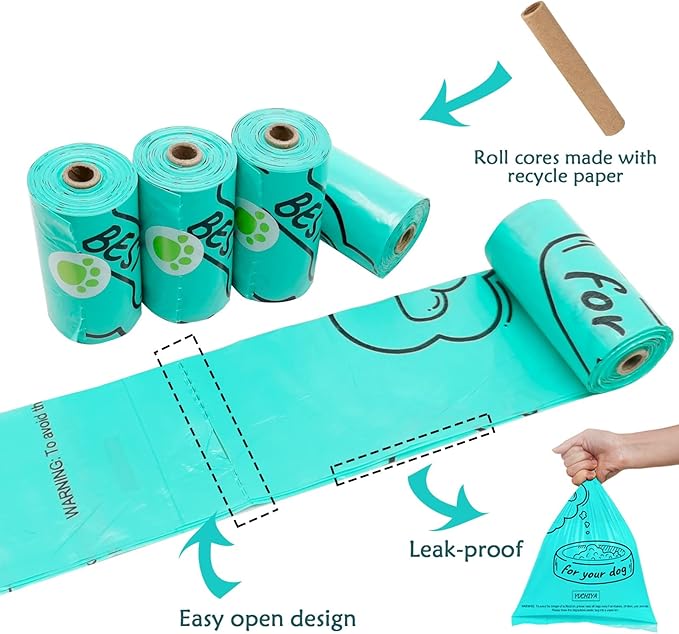 Dog Poop Bags Holder with LED Flashlight|Pet Waste Bags Dispenser for Leash|Doggie Potty Bags Container with Leak-proof Pet Trash Bags and Accessories (180 Bags, Crystal Blue)