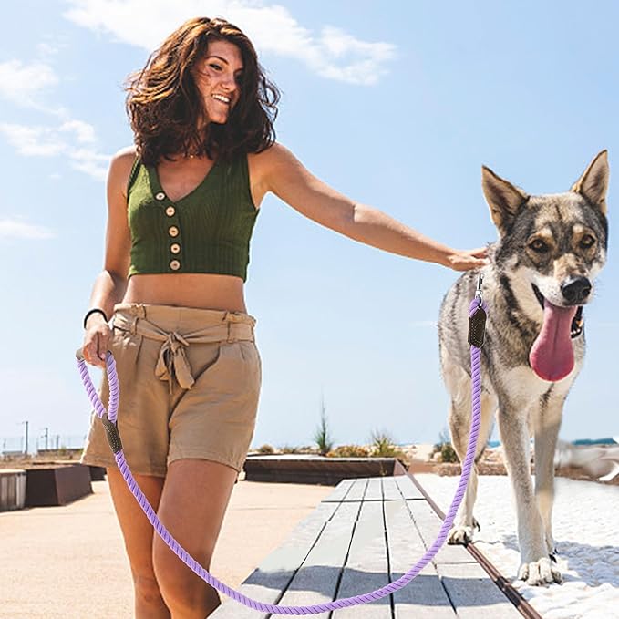 Mile High Life Dog Leash, Braided Cotton Rope Leashes with Leather Handle - Heavy Duty Metal Clasp, 6FT, 1/2" Thick - Wedding, Walking & Training Leash for Small Medium Large Dogs (Purple)
