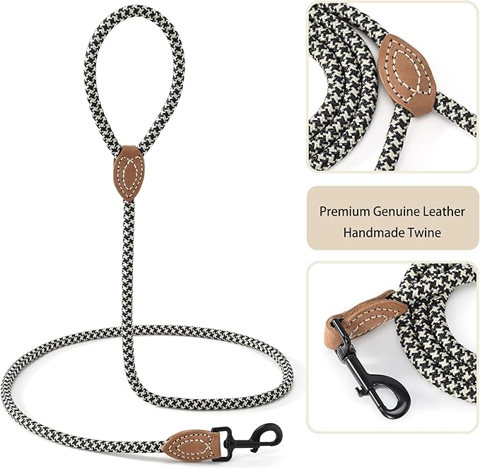 Mile High Life Rope Leash with Genuine Leather Connection, 6 FT/5 FT/4 FT, Heavy Duty Leash for Medium & Large Dogs (Black Khaki, 48 Inch)