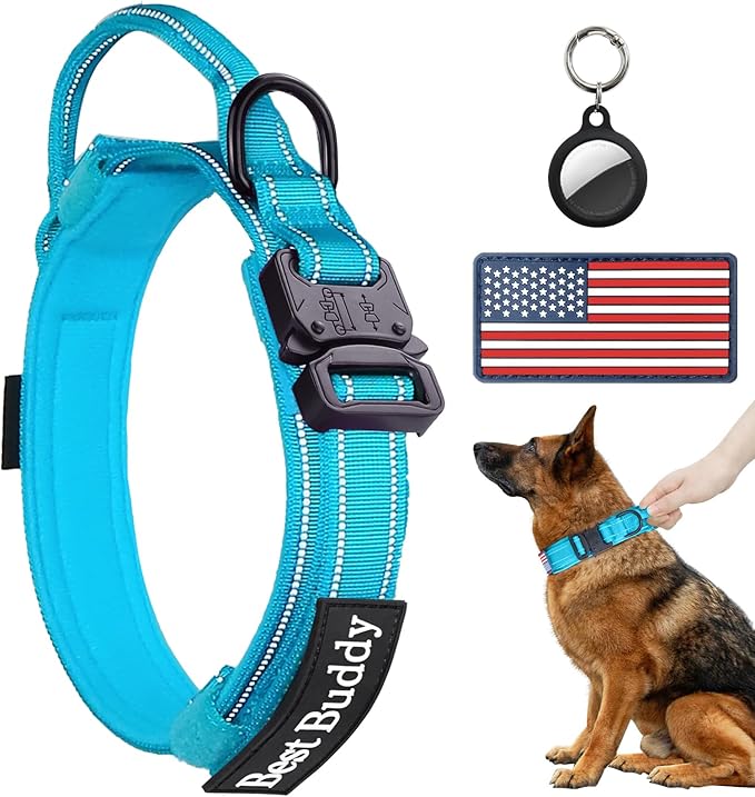AUBELL Reflective Tactical Dog Collar,Adjustable Military Heavy Duty K9 Collars with Handle and Quick Release Metal Buckle Great for Medium Dogs, with Airtag Case and 2 Patches (Blue,M)