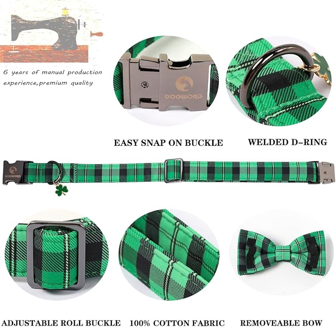 DOGWONG St. Patrick's Day Dog Collar with Bowtie, Green Plaid Bowtie Dog Collar for Small Medium Large Dogs,L