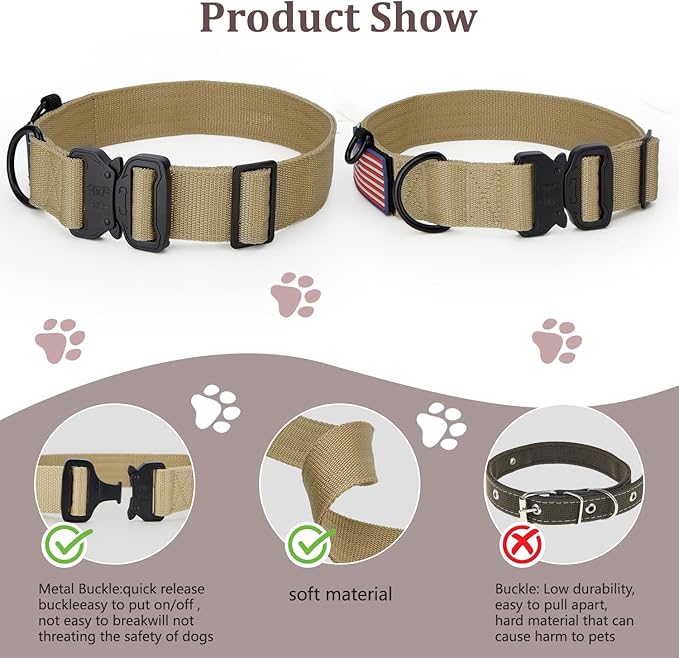 Heavy Duty Tactical Dog Collar Adjustable Nylon Pet Collars Quick Release Buckle with 2 D-Rings Patch for Medium, Large Dogs (Khaki, Size L)