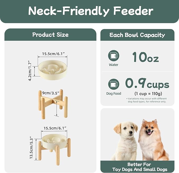 Ceramic 0.9 Cup Raised Dog Slow Feeder Set, Elevated Bowl with Wooden Stand for Small Dog and Cat, 6.1inch Puzzle Slow Dog Food Dish, Anti-Gulping(Beige, Single Bowl+ Stand)
