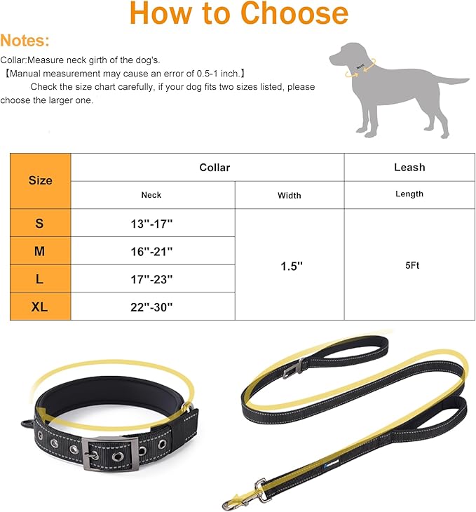 Annchwool Adjustable Dog Collar and 5 FT Leash Set with Heavy Duty Metal Buckle–Comfortable Lining Reflective Collar & Dual-Handles for Small Medium Large Dogs Walking,Running(Black Set,M:16''-21'')