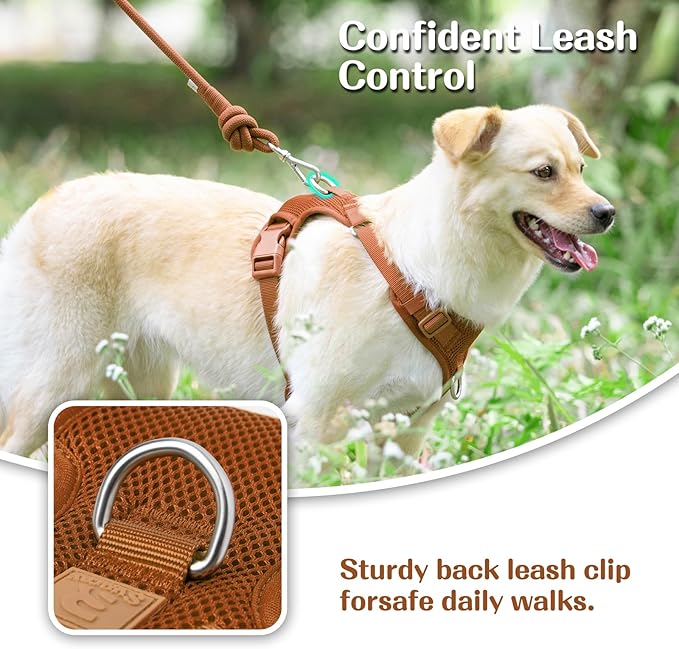 No Pull Dog Harness for Small Medium Large Dogs - Adjustable 2 Layer Mesh Dog Vest with Dual Clip, Escape Proof, Quick Release, Lightweight Breathable Mesh for Walking Hiking (Carmel Brown,M)