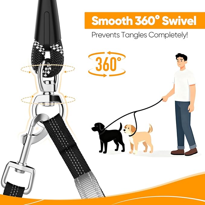 XiaZ Double Dog Leash for Two Dogs, No Tangle with 360° Swivel & 4 Comfortable Handles, Heavy Duty Dual Dog Leash with Highly Reflective Rope, Adjustable Split Leash for Small Medium Dogs, 3/8”Black
