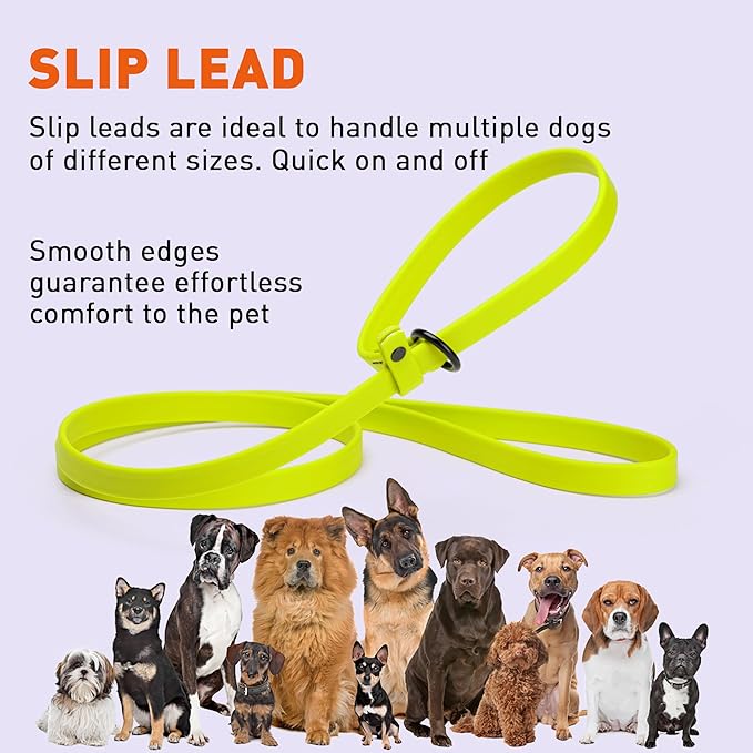 Dogline Biothane Slip Dog Leash - for Small, Medium and Large Dogs - Odor Free Slip Lead, Heavy Duty and Durable Material Kennel Lead - Safety Yellow - 5ft L x 5/8in W