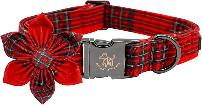 Elegant Little Tail Dog Collar with Flower & Plaid Pattern - Adjustable for Medium Dogs