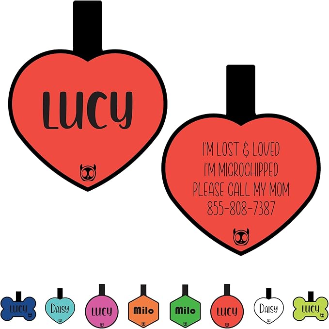 Silicone Silent Cat Tag Personalized with 5 Lines of Custom Deep Engraved Durable Soundless Pet ID Name Tag Heart Small Red