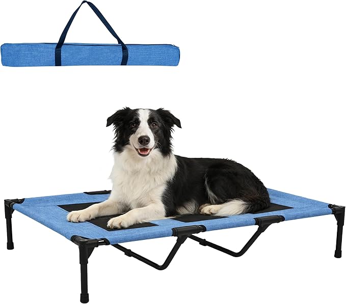 Raised Dog Bed, Raised Pet Cot for Medium and Large Dogs, Cooling Breathable Mesh, Durable Sturdy Frame, Washable Cover, Portable and Easy to Assemble Indoor/Outdoor Pet Bed, Blue, L