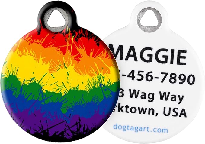 Dog Tag Art Vintage Retro Rainbow Custom Pet ID Tag for Dogs and Cats, Personalized Dog Tag with Customized Identification Information, Ink Splat Rainbow, Small (7/8" Diameter)