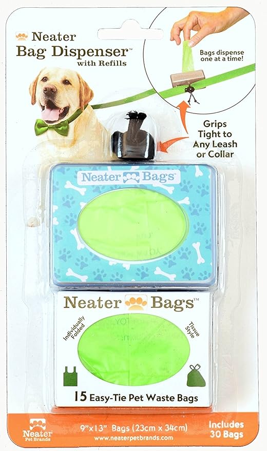 Neater Pet Brands Neater Bags Dog Waste Bag, No Rolls - Dog Poop Bags Dispense One at a Time, Doggie Poop Bag with Easy-Tie Handles, Dispenser Attaches to Any Leash (210 Count, Blue Bone & Paw Print)