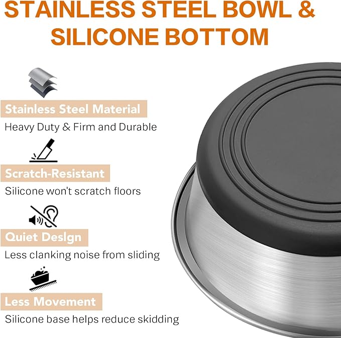 Stainless Steel Dog Bowls Set of 2, Extra Thick Metal Bowls, with Non-Slip Rubber Base Dog Bowl, BPA Free, Holds 4 Cups(32 fl oz), for Small Dogs, Black