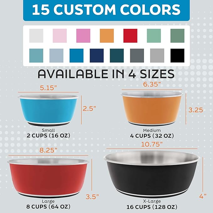 Master Pet Supply Stainless Steel Dog Bowls Set of 2 (128 Oz Each) with Non-Slip Rubber Base - Stainless Steel - Basic Dog Food Bowl Water & Food Bowls for Small Medium Large Dogs & Cats, Metal Dish