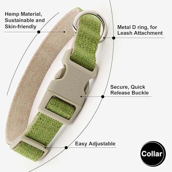 Plutus Pet Cotton Hemp Dog Collar and Leash Set, Adjustable Collar for Small, Medium, and Large Dogs, Heavy Duty and Soft on Skin, Green, S