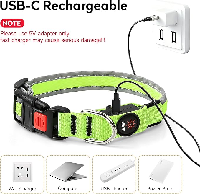 LED Dog Collar, Light Up Dog Collar USB Rechargeable, Nylon Adjustable Comfortable Soft Bright RGB 7 Colors Changing Safety Light Glowing Collar for Medium and Large Dogs(Medium,Green)