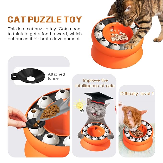 Interactive Cat Slow Feeder Bowl – Puzzle Bowl for Indoor Cats & Dogs, Kitten Puzzles Toys Treat Dispensing Food Dispenser (Orange)