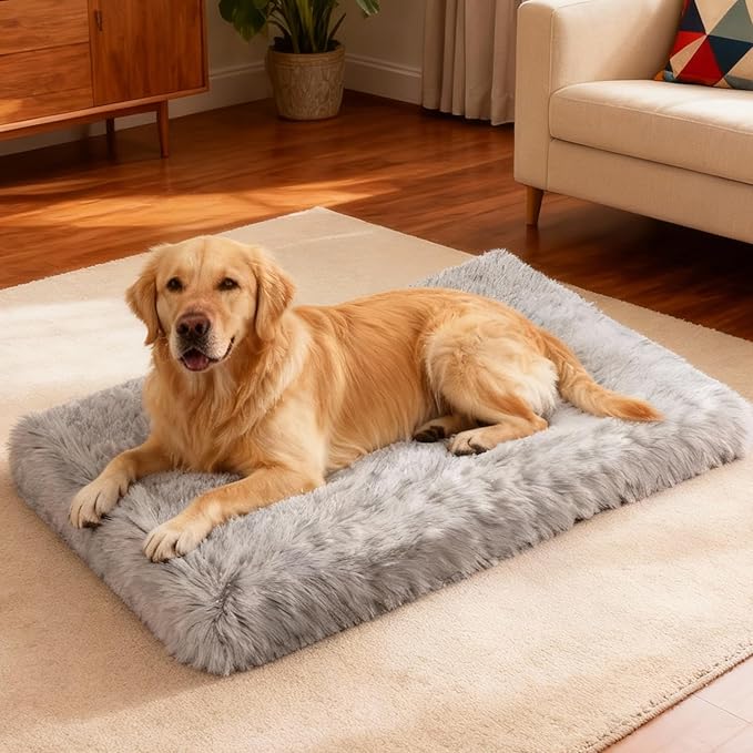 Orthopedic Dog Bed for Large Dogs, Dual-Layer Memory & Egg-Crate Foam, Washable Warm Winter Plush Cover, Waterproof Liner, Non-Slip Bottom, Crate/Kennel Pad, 41 x 27 Inch, Gray