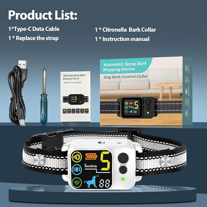 Citronella Bark Dog Collar [No*Refill] Spray Dog Collar, with 5 Adjustable Sensitivity, Beep+Vibration+Spray 5 Working Modes Citronella Bark Collar, IP66 Waterproof Dog Spray Collar for L/M/S Grey