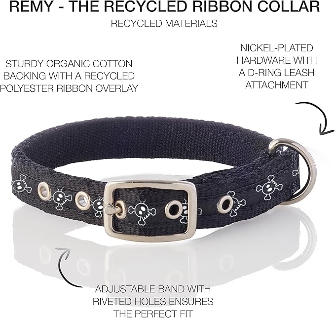 Adjustable Recycled Ribbon Dog Collar for All Pet Breeds, Skully Night, XX-Large