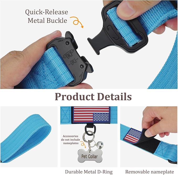 Heavy Duty Tactical Dog Collar Adjustable Nylon Pet Collars Quick Release Buckle with 2 D-Rings Patch for Medium, Large Dogs (Sky Blue, Size L)