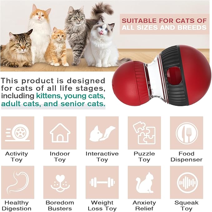 Cat Interactive Toys with Squeaky Sound for Indoor Cats Tracking Rolling Ball Adjustable Kitten Treat Dispensing Food Dispenser Slow Feeder Kitty Puzzle Toy Pet Supplies Birthday Gift