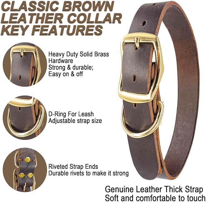 Leather Dog Collar Heavy Duty Hardware Dog Collars Full Grain Ultra Soft and Comfort Genuine Cowhide Metal Buckle Thick Belt Collar for Small Medium Large Pets (Large (16-22" Neck))
