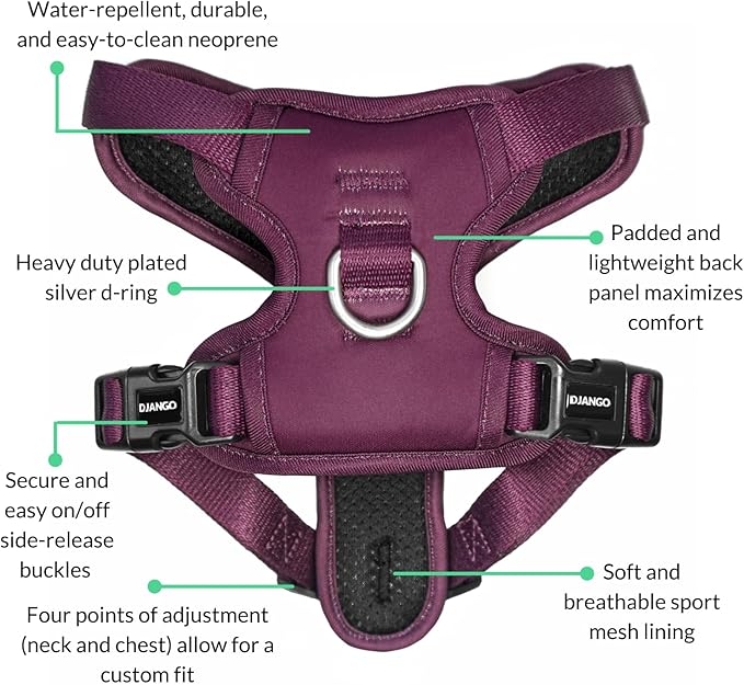 DJANGO Tahoe No Pull Dog Harness – Escape-Proof Dog Harness for Small & Medium with Front & Back Clips for Everyday Use – Adjustable, Padded, Reflective, Secure, Easy On/Off – Raspberry Purple, Medium