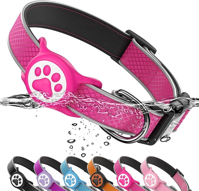 Reflective Dog Collar with Waterproof Air tagholder & Anti-Lost QR Code | Ultra-Durable | Soft Padded | Safety Locking Buckle | Fit Small Dogs (Rose Red S(9.8"-15.7"))