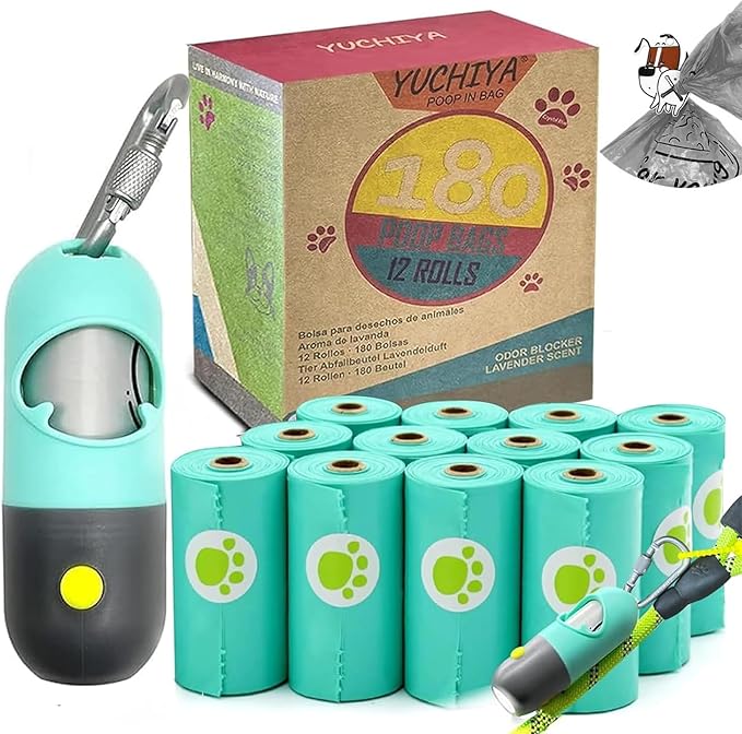 Dog Waste Bags Holder with LED Flashlight Doggie Poop Bags Dispenser with 13 Rolls Leak-Proof Pet Trash Bags Rechargable USB Cable (Mint Green)