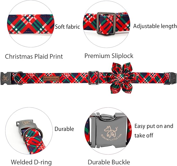 Elegant Little Tail Dog Collar with Red Plaid Christmas Pattern, Flowers for X-Small Dogs