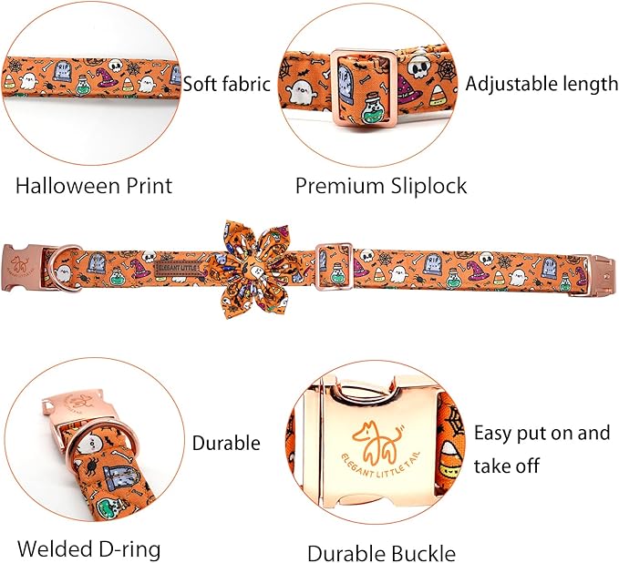 Elegant Little Tail Halloween Collar, Orange Pumpkin Dog Collar with Flower Girl Boy Pet Collar, Soft Durable for X-Large Dogs