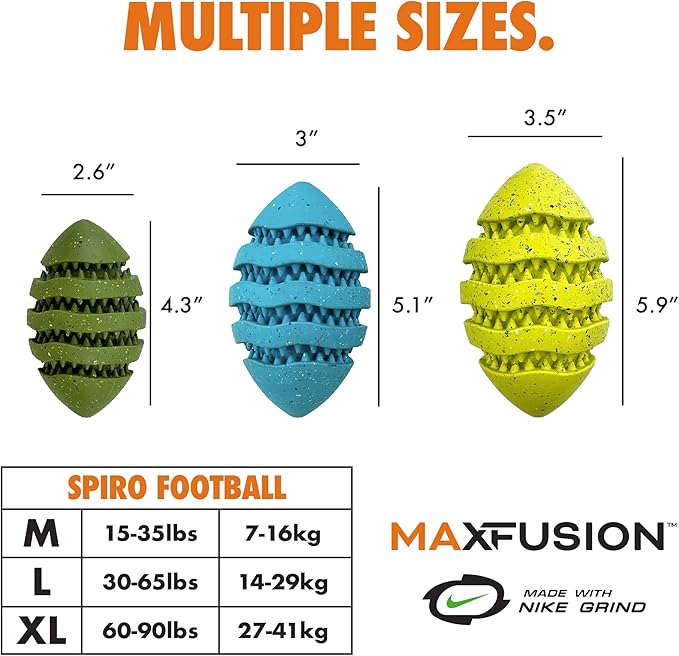 Max Fusion Made with Nike Grind, Arlee Spiro Football Dog Toy for All Dogs, Durable & Natural Rubber Chew Toy for Play, Fetch & Chewing, XLarge, Yellow, 1 Count