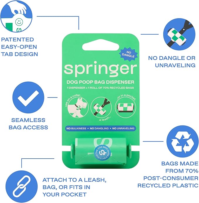Springer Dog Poop Bag Dispenser Holder with Bags, No Dangle Design for Leash, Premium Thick Waste Bags with Easy to Open Tab, Unscented, 1 Dispenser and 15 Count
