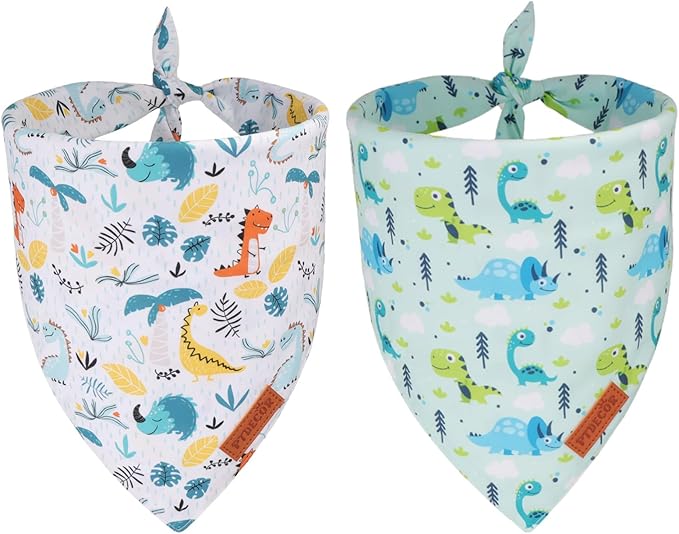 PTDECOR Dinosaurs Dog Bandana, Dinosaurs Design Reversible Pet Scarf Bib, Premium Durable Fabric, Adjustable White Green Bandanas for X-Large Dogs Pets (X-Large)