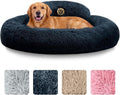 PetJett Calming Dog Beds Large Sized Dog - 36'' Round Bed, Anti-Slip & Washable Super Soft Donut Bed, Fluffy Faux Fur Anti-Anxiety Premium Comfort Pet Bed, Fits Dogs up to 80 lbs - Dark Grey