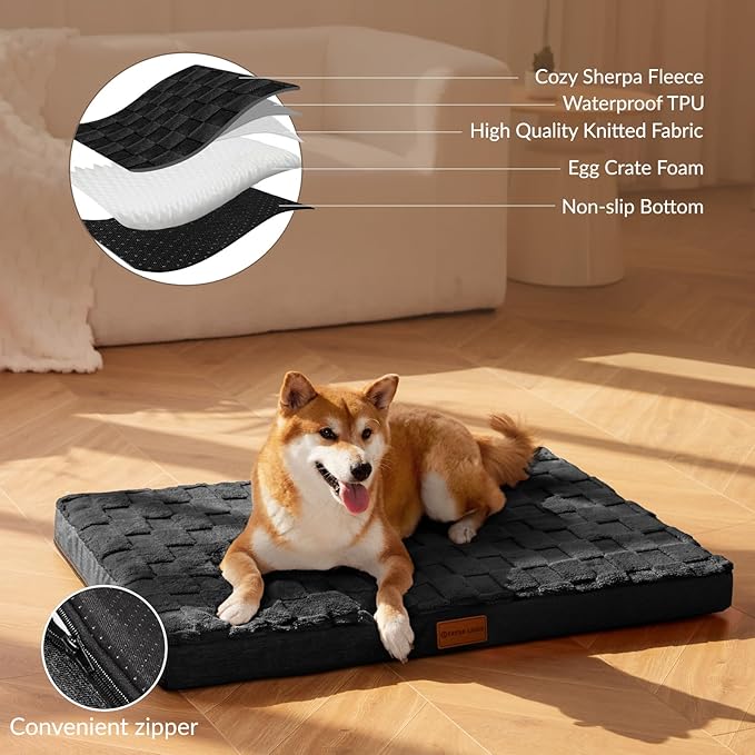 Patas Lague Orthopedic XL Dog Bed Large Sized Dog 42''X28'', Waterproof Soft Comfortable Egg Crate Foam Large Pet Beds Crate Mat with Removable Washable Cover and Nonskid Bottom, Black