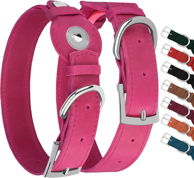 Leather Dog Collar with Airtag Holder - Apple Air Tag Dog Collars - Soft Tracking GPS Pet Collar for Small Medium Large Dogs Breed Puppy (Pink, XL, 19"-24" Neck Fit)
